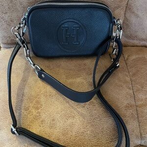 Black Pebbled Leather Crossbody Bag with Embossed H Logo